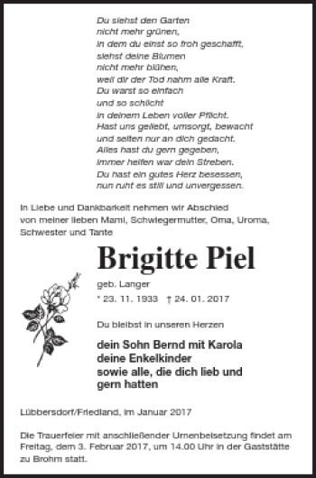 Traueranzeige von Brigitte Piel von Neubrandenburger Zeitung