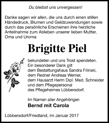 Traueranzeige von Brigitte Piel von Neubrandenburger Zeitung