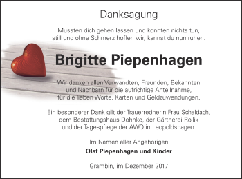 Traueranzeige von Brigitte Piepenhagen von Haff-Zeitung