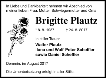 Traueranzeige von Brigitte Plautz von Demminer Zeitung