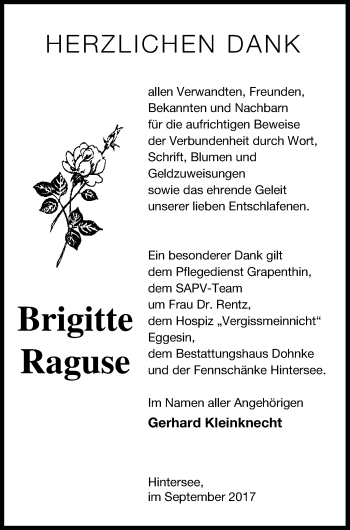 Traueranzeige von Brigitte Raguse von Haff-Zeitung