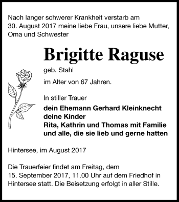 Traueranzeige von Brigitte Raguse von Haff-Zeitung