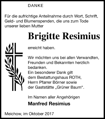 Traueranzeige von Brigitte Resimius von Prenzlauer Zeitung