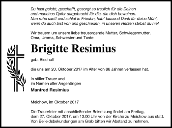 Traueranzeige von Brigitte Resimius von Prenzlauer Zeitung