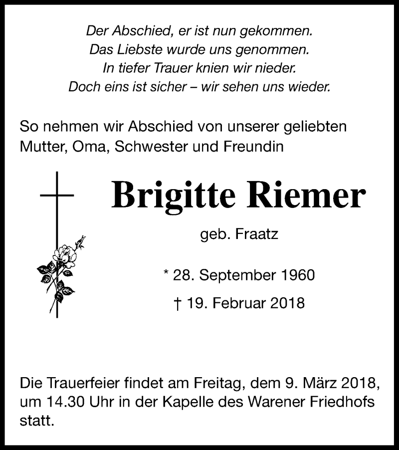  Traueranzeige für Brigitte Riemer vom 02.03.2018 aus Müritz-Zeitung