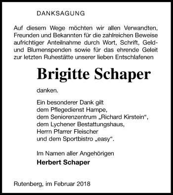 Traueranzeige von Brigitte Schaper von Templiner Zeitung