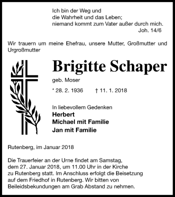 Traueranzeige von Brigitte Schaper von Templiner Zeitung