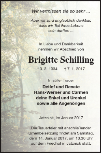 Traueranzeige von Brigitte Schilling von Pasewalker Zeitung