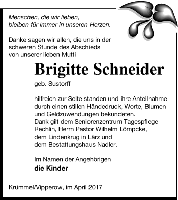 Traueranzeige von Brigitte Schneider von Müritz-Zeitung