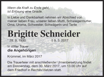 Traueranzeige von Brigitte Schneider von Strelitzer Zeitung