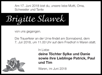 Traueranzeige von Brigitte Slawek von Müritz-Zeitung