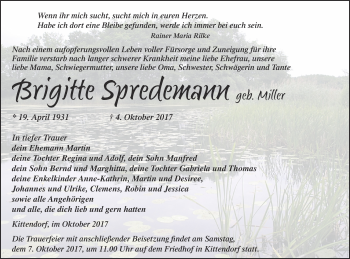 Traueranzeige von Brigitte Spredemann von Mecklenburger Schweiz