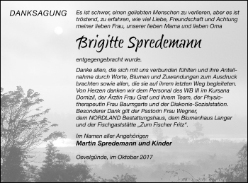 Traueranzeige von Brigitte Spredemann von Mecklenburger Schweiz