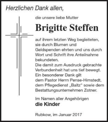 Traueranzeige von Brigitte Steffen von Vorpommern Kurier