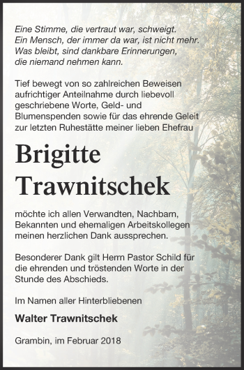 Traueranzeige von Brigitte Trawnitschek von Haff-Zeitung