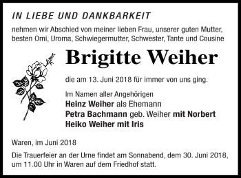 Traueranzeige von Brigitte Weiher von Müritz-Zeitung