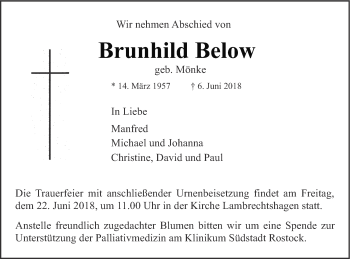 Traueranzeige von Brunhild Below von Müritz-Zeitung