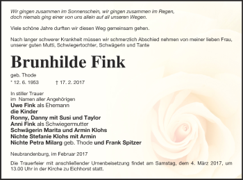 Traueranzeige von Brunhilde Fink von Neubrandenburger Zeitung
