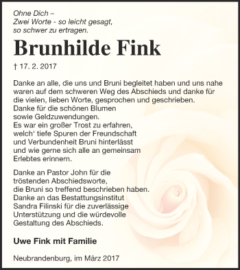 Traueranzeige von Brunhilde Fink von Neubrandenburger Zeitung