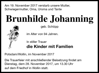 Traueranzeige von Brunhilde Johanning von Prenzlauer Zeitung