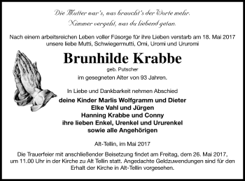 Traueranzeige von Brunhilde Krabbe von Vorpommern Kurier