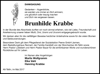 Traueranzeige von Brunhilde Krabbe von Vorpommern Kurier