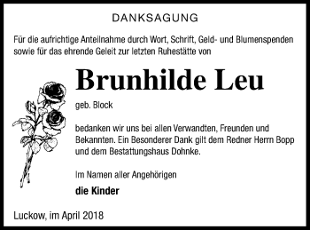 Traueranzeige von Brunhilde Leu von Haff-Zeitung