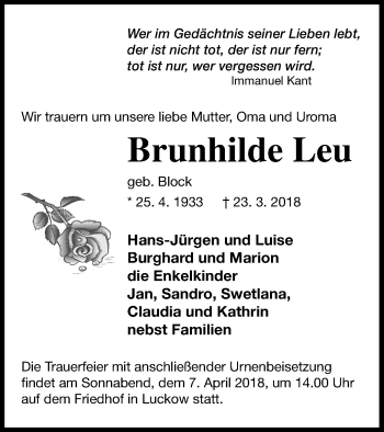 Traueranzeige von Brunhilde Leu von Haff-Zeitung