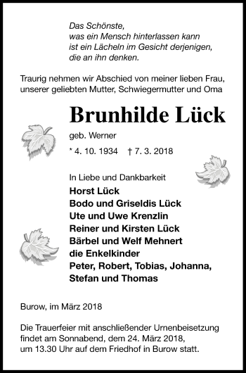 Traueranzeige von Brunhilde Lück von Neubrandenburger Zeitung