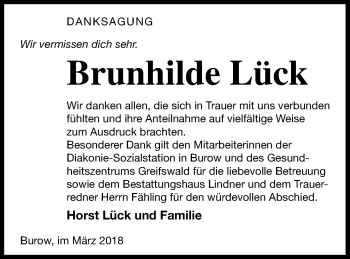 Traueranzeige von Brunhilde Lück von Neubrandenburger Zeitung