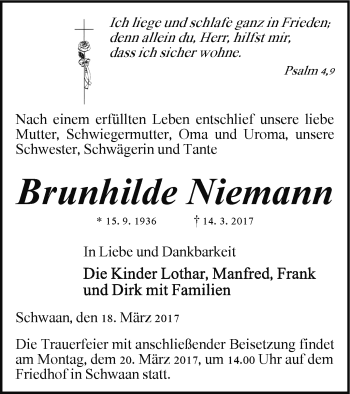 Traueranzeige von Brunhilde Niemann von Mecklenburger Schweiz