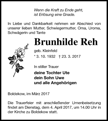 Traueranzeige von Brunhilde Reh von Vorpommern Kurier