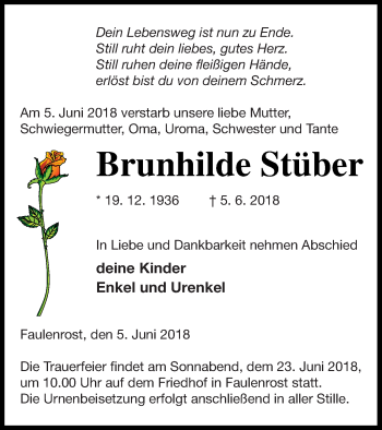 Traueranzeige von Brunhilde Stüber von Mecklenburger Schweiz