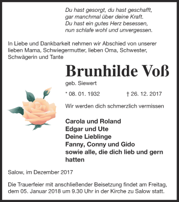 Traueranzeige von Brunhilde Voß von Neubrandenburger Zeitung