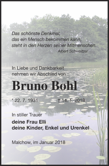 Traueranzeige von Bruno Bohl von Müritz-Zeitung