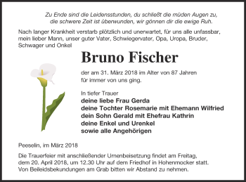 Traueranzeige von Bruno Fischer von Demminer Zeitung