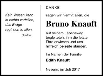 Traueranzeige von Bruno Knauft von Neubrandenburger Zeitung