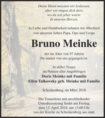 Traueranzeige von Bruno Meinke von Prenzlauer Zeitung