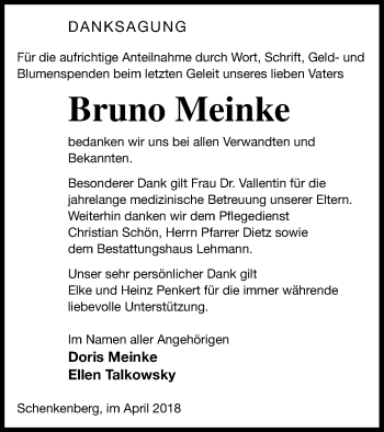 Traueranzeige von Bruno Meinke von Prenzlauer Zeitung