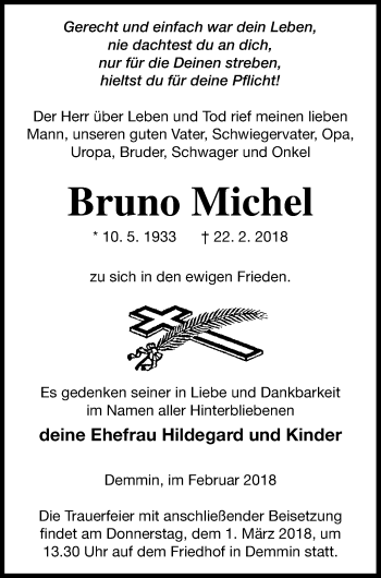 Traueranzeige von Bruno Michel von Demminer Zeitung