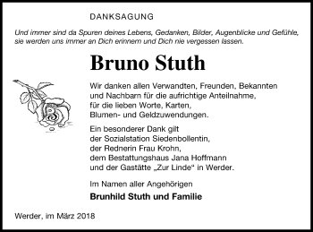 Traueranzeige von Bruno Stuth von Neubrandenburger Zeitung