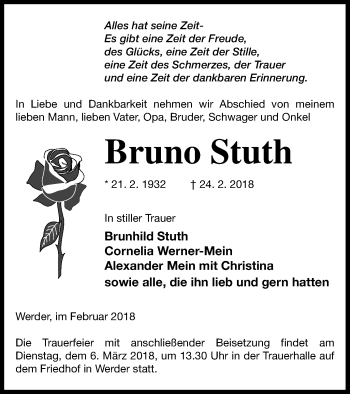 Traueranzeige von Bruno Stuth von Neubrandenburger Zeitung