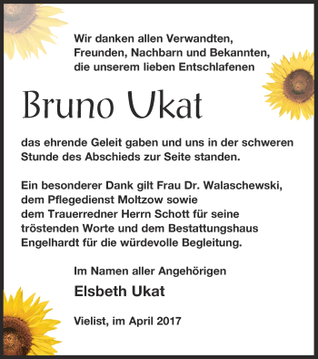 Traueranzeige von Bruno Ukat von Müritz-Zeitung