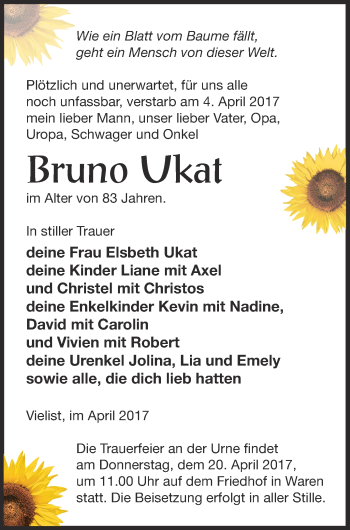 Traueranzeige von Bruno Ukat von Müritz-Zeitung