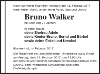 Traueranzeige von Bruno Walker von Neubrandenburger Zeitung