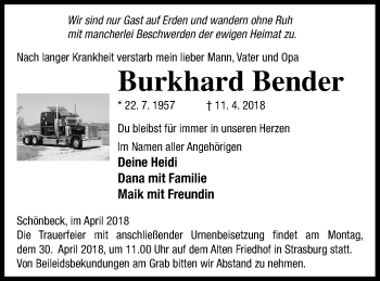 Traueranzeige von Burkhard Bender von Pasewalker Zeitung