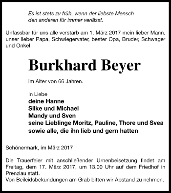 Traueranzeige von Burkhard Beyer von Prenzlauer Zeitung