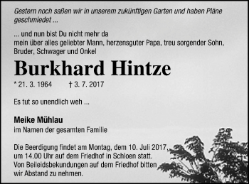 Traueranzeige von Burkhard Hintze von Haff-Zeitung