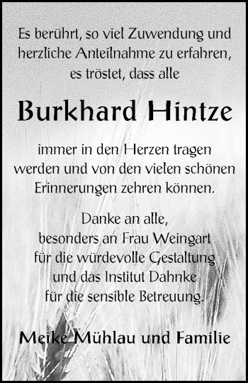 Traueranzeige von Burkhard Hintze von Müritz-Zeitung