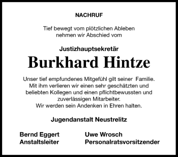 Traueranzeige von Burkhard Hintze von Strelitzer Zeitung